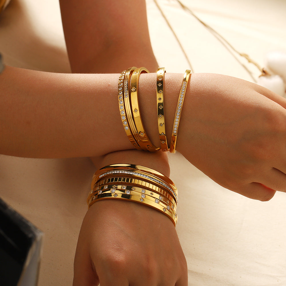 18K Gold Plated Stainless Steel Zircon Star Bangle Bracelet