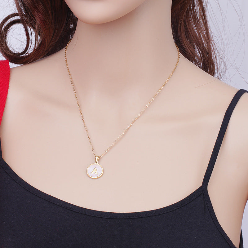 18K Gold Plated Pink Shell Round Letter Pendant Stainless Steel Necklace for Women