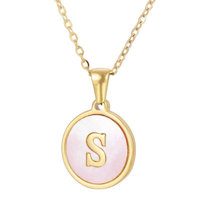 18K Gold Plated Pink Shell Round Letter Pendant Stainless Steel Necklace for Women