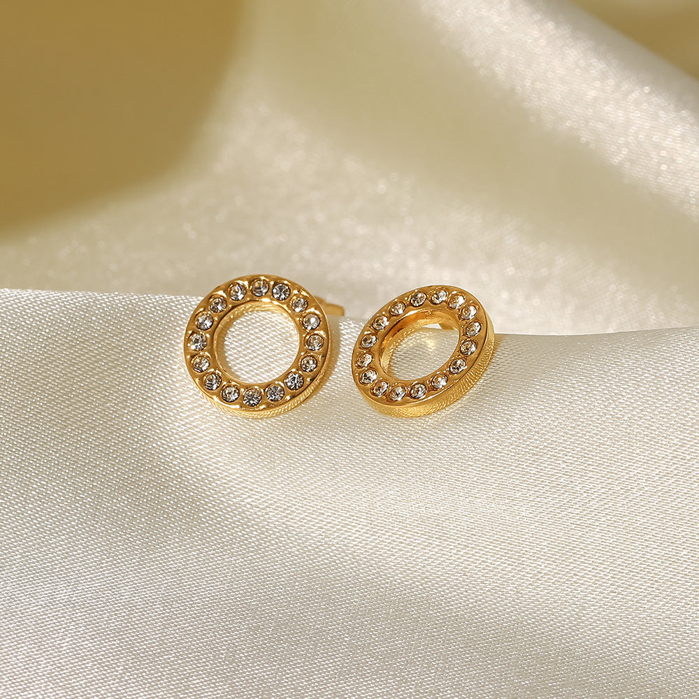 Minimalist Round Zircon Inlay 18k Gold Plated Stainless Steel Earrings