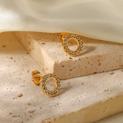 Minimalist Round Zircon Inlay 18k Gold Plated Stainless Steel Earrings