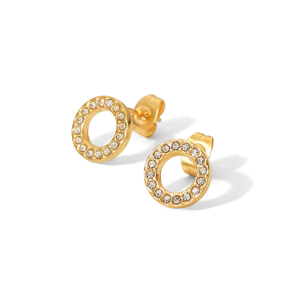 Minimalist Round Zircon Inlay 18k Gold Plated Stainless Steel Earrings