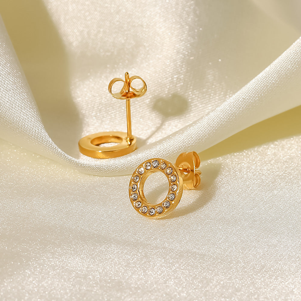 Minimalist Round Zircon Inlay 18k Gold Plated Stainless Steel Earrings