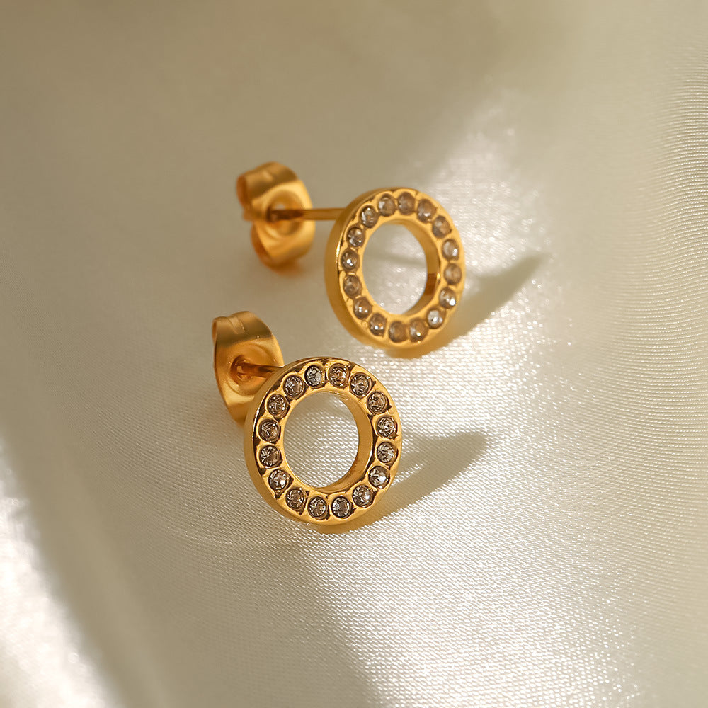 Minimalist Round Zircon Inlay 18k Gold Plated Stainless Steel Earrings