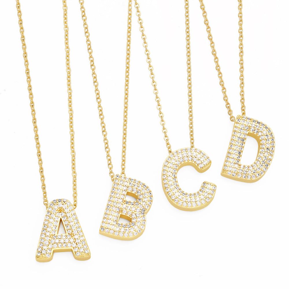 Simple Style 18K Gold Plated Alphabet Pendant Necklace with Zircon Inlay