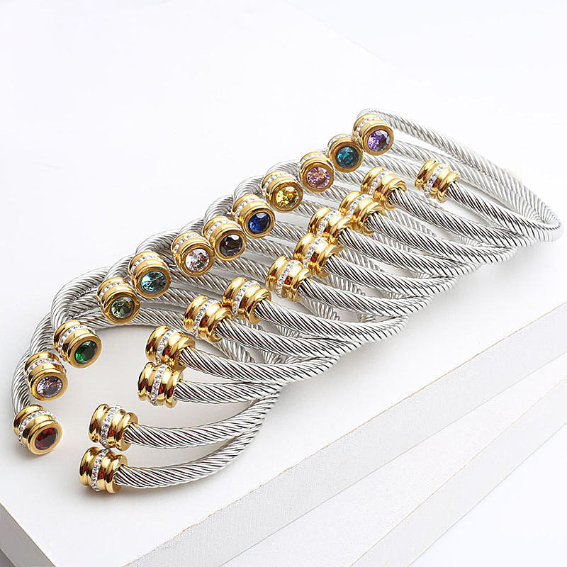 Simple Style Stainless Steel Zircon Inlay Cuff Bracelet