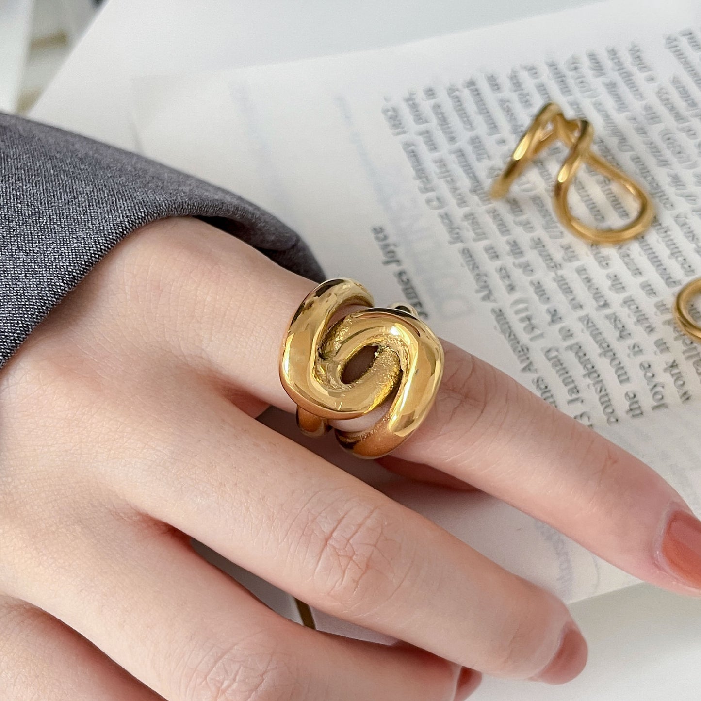 Abstract Twist Titanium Steel Open Ring
