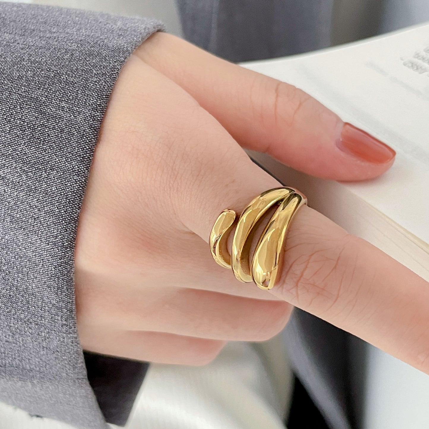 Abstract Twist Titanium Steel Open Ring