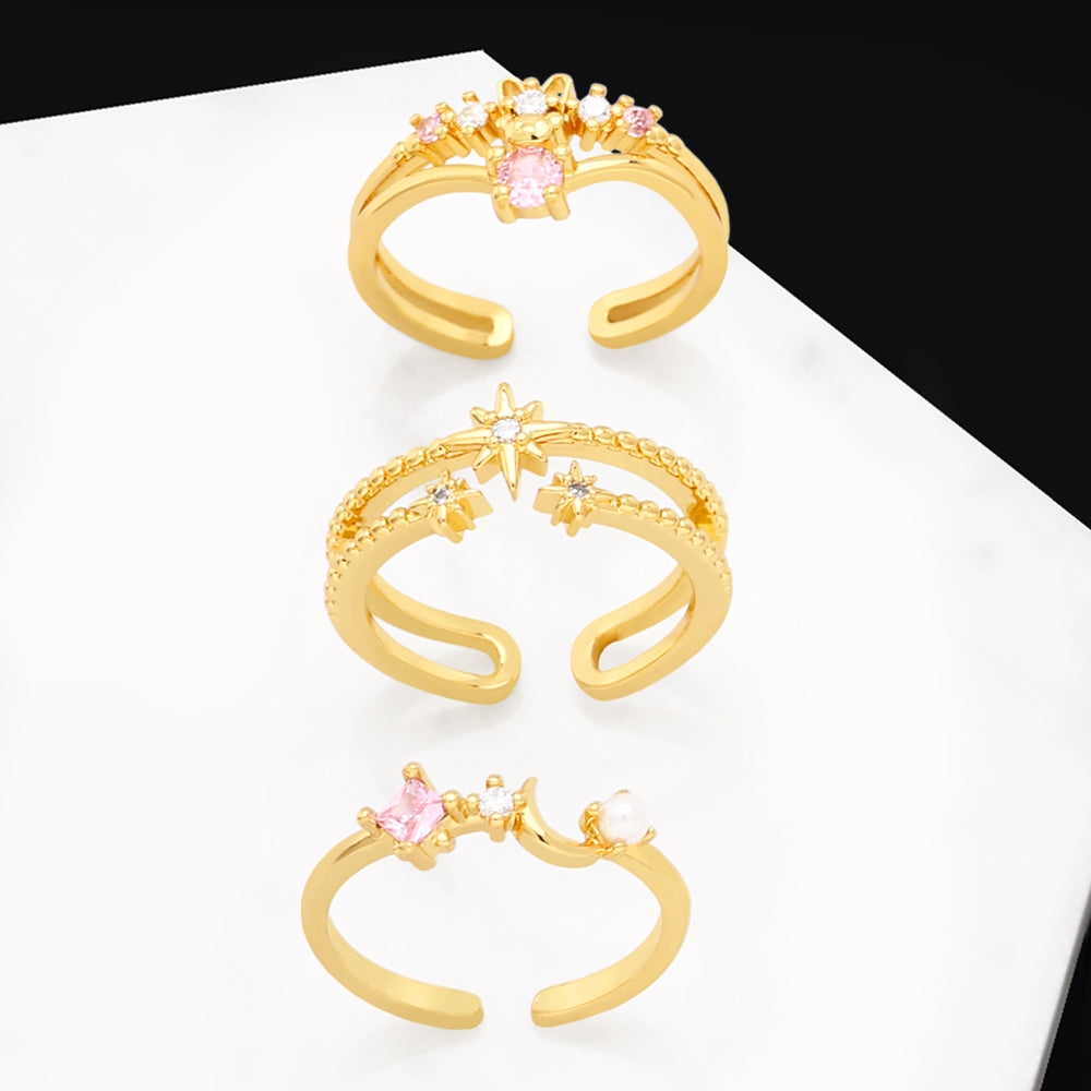 Simple Star and Moon Gold Plated Zircon Open Ring