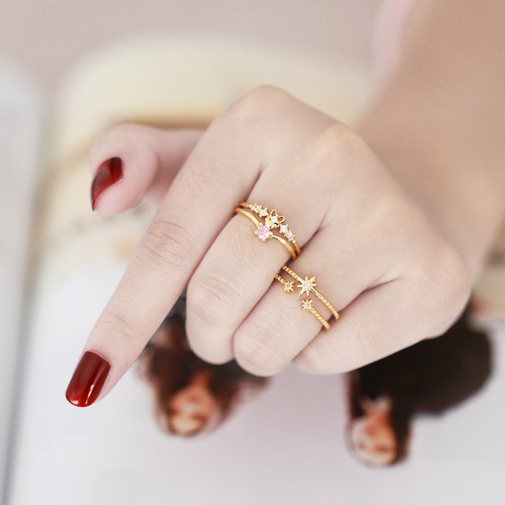 Simple Star and Moon Gold Plated Zircon Open Ring