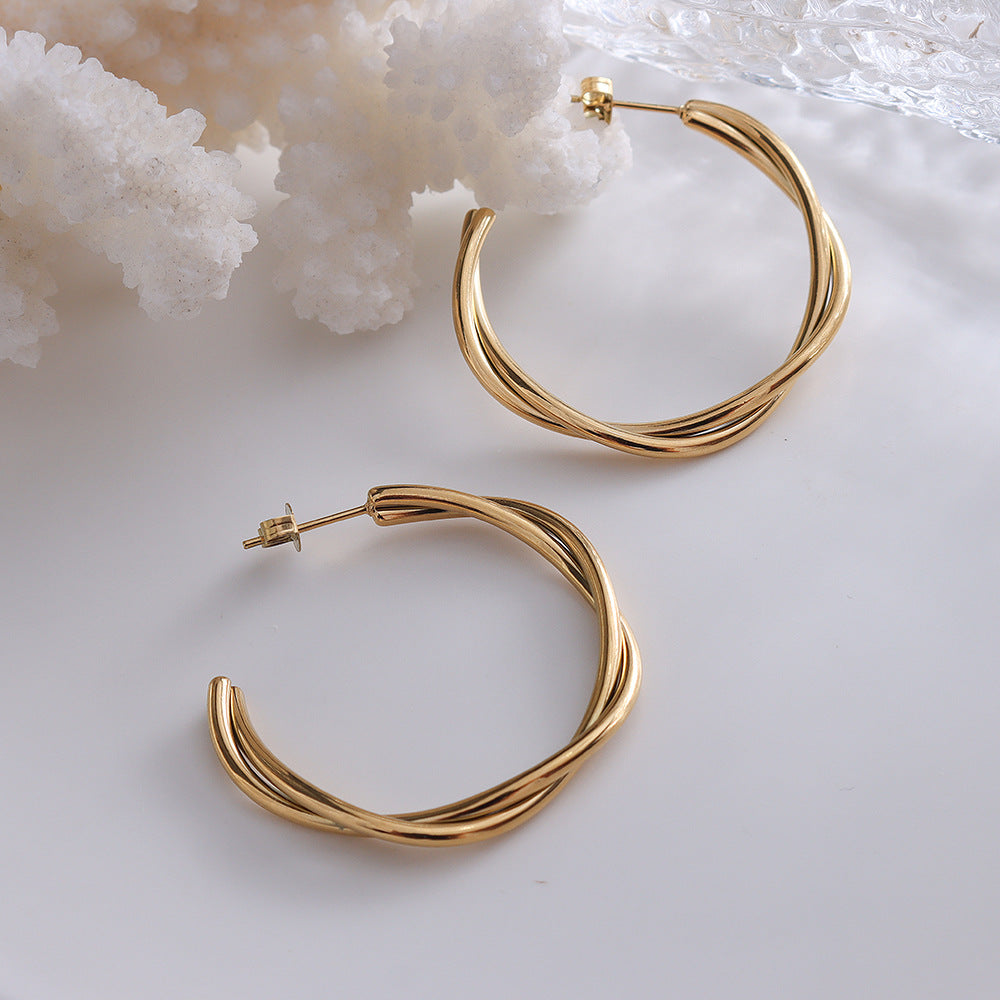 Simple Twisted Cross C-Shaped 18k Gold Plated Titanium Steel Earrings