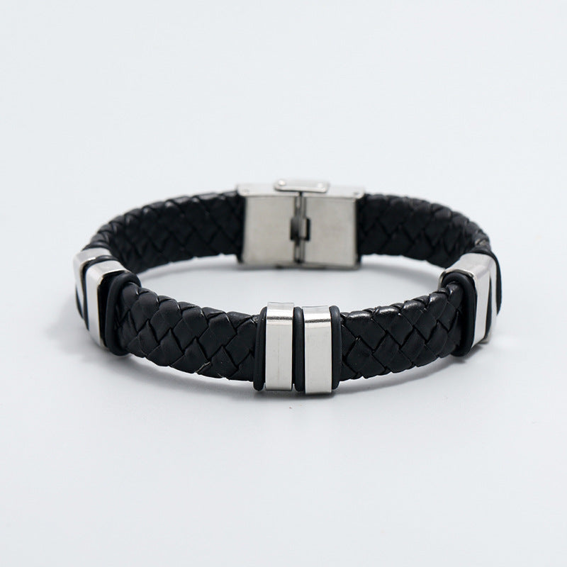 Simple Woven Stainless Steel Leather Men's Fashion Bracelet