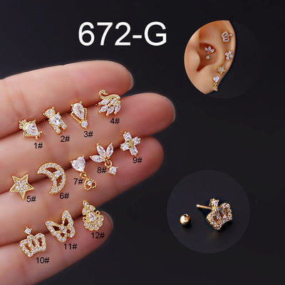 Titanium Steel Zircon Butterfly Crown Star Moon Stud Earrings