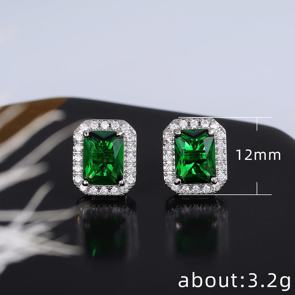 Square Copper Zircon Inlaid Green Stud Earrings Wholesale