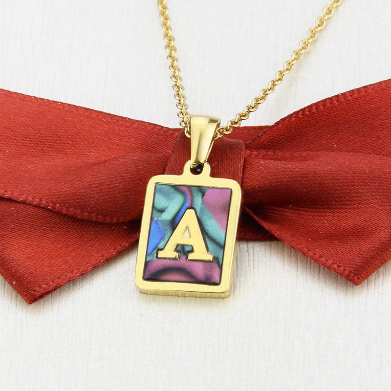 Stainless Steel Abalone Shell Square Pendant 26 Letter Necklace