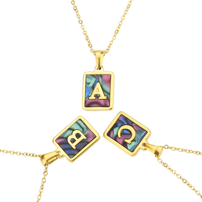 Stainless Steel Abalone Shell Square Pendant 26 Letter Necklace