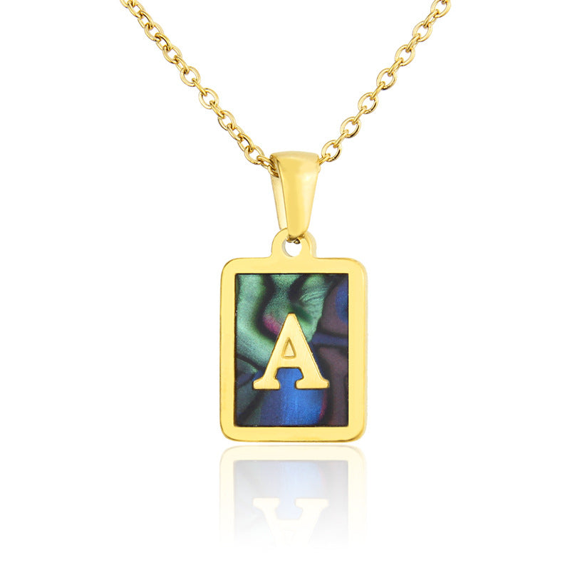 Stainless Steel Abalone Shell Square Pendant 26 Letter Necklace