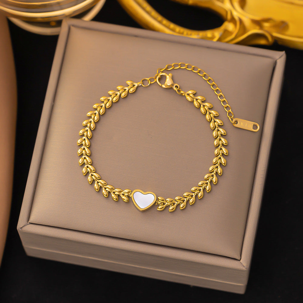 Streetwear Heart Shape Titanium Steel Shell Inlay Minimalist Bracelet Necklace Set