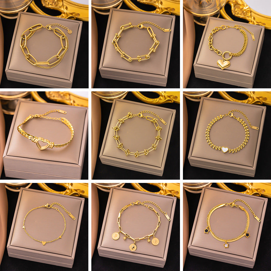 Streetwear Heart Shape Titanium Steel Shell Inlay Minimalist Bracelet Necklace Set