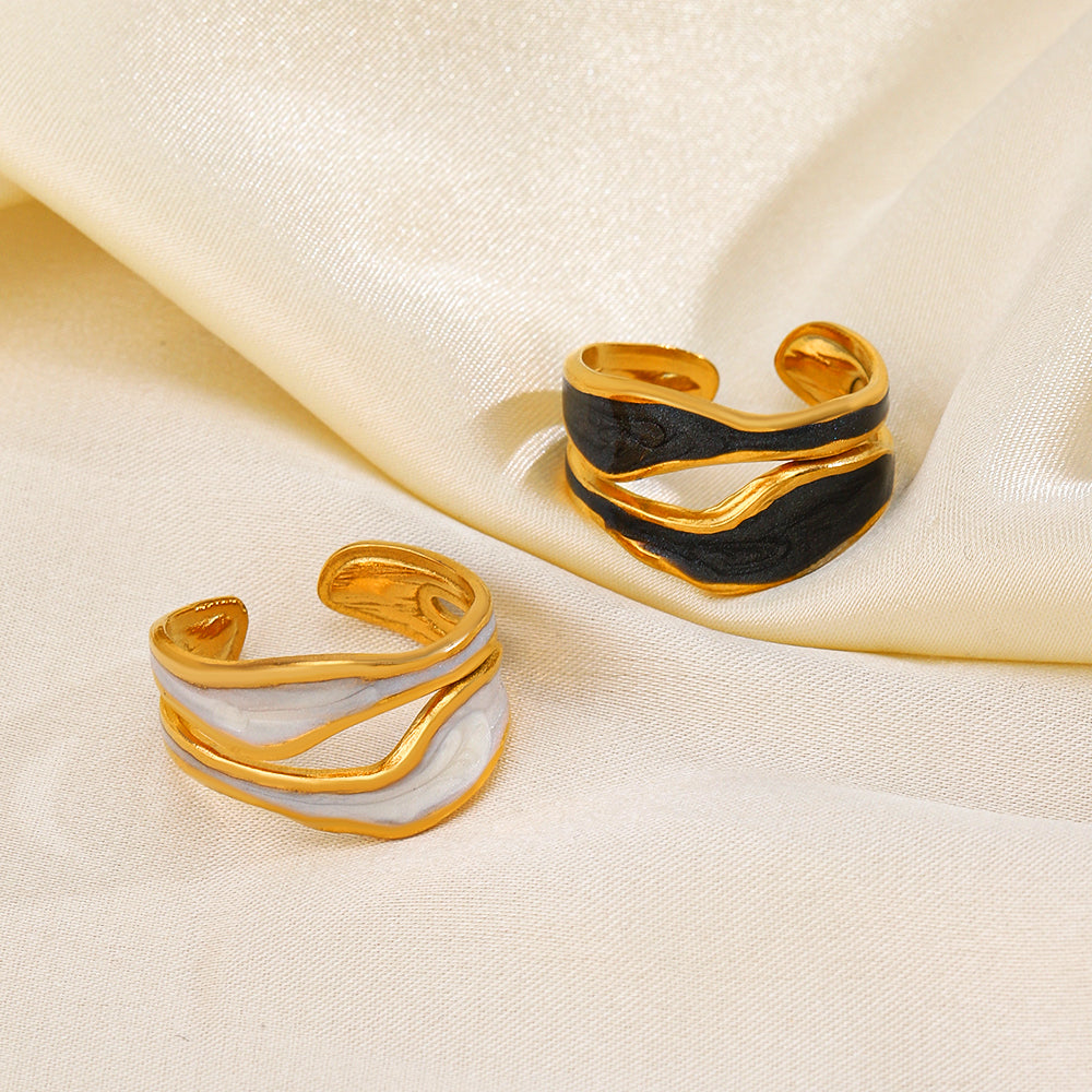 Irregular Enamel Plated 18K Gold Adjustable Stainless Steel Ring
