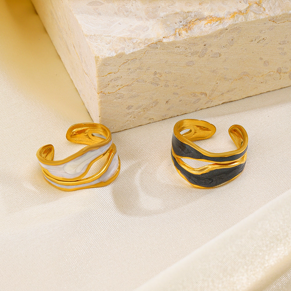 Irregular Enamel Plated 18K Gold Adjustable Stainless Steel Ring