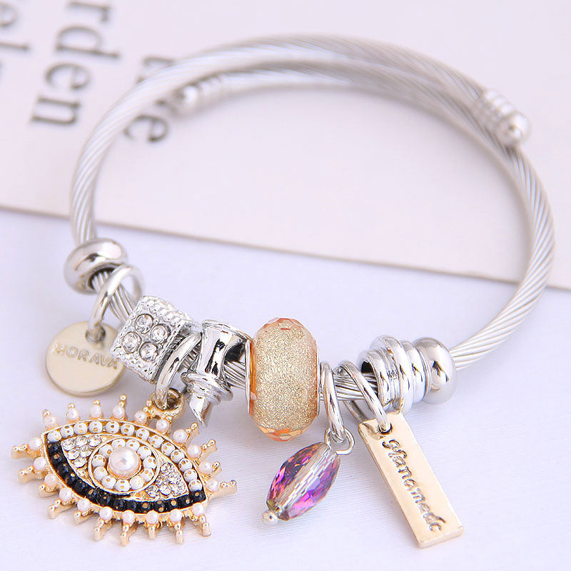 Stylish Stainless Steel Devil's Eye Water Drop Pendant Bangle Bracelet