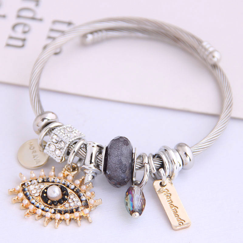 Stylish Stainless Steel Devil's Eye Water Drop Pendant Bangle Bracelet