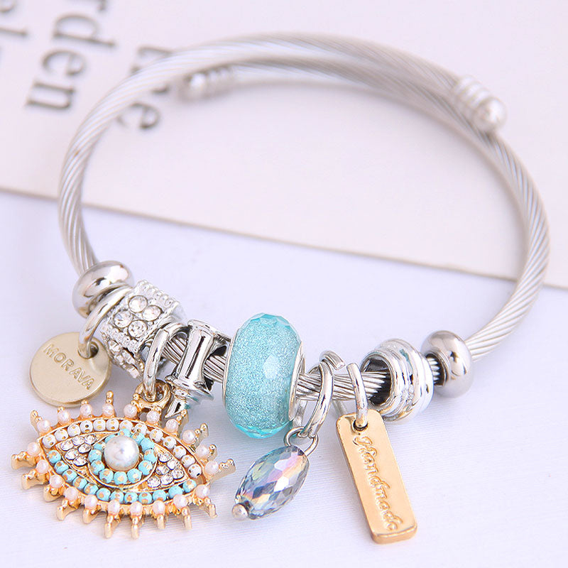 Stylish Stainless Steel Devil's Eye Water Drop Pendant Bangle Bracelet