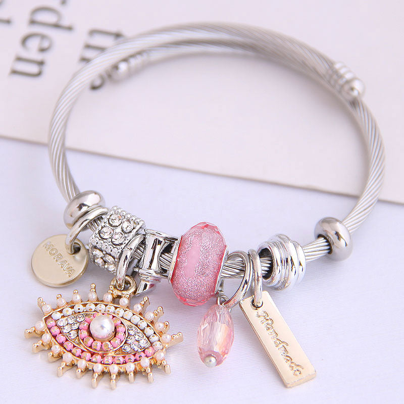 Stylish Stainless Steel Devil's Eye Water Drop Pendant Bangle Bracelet