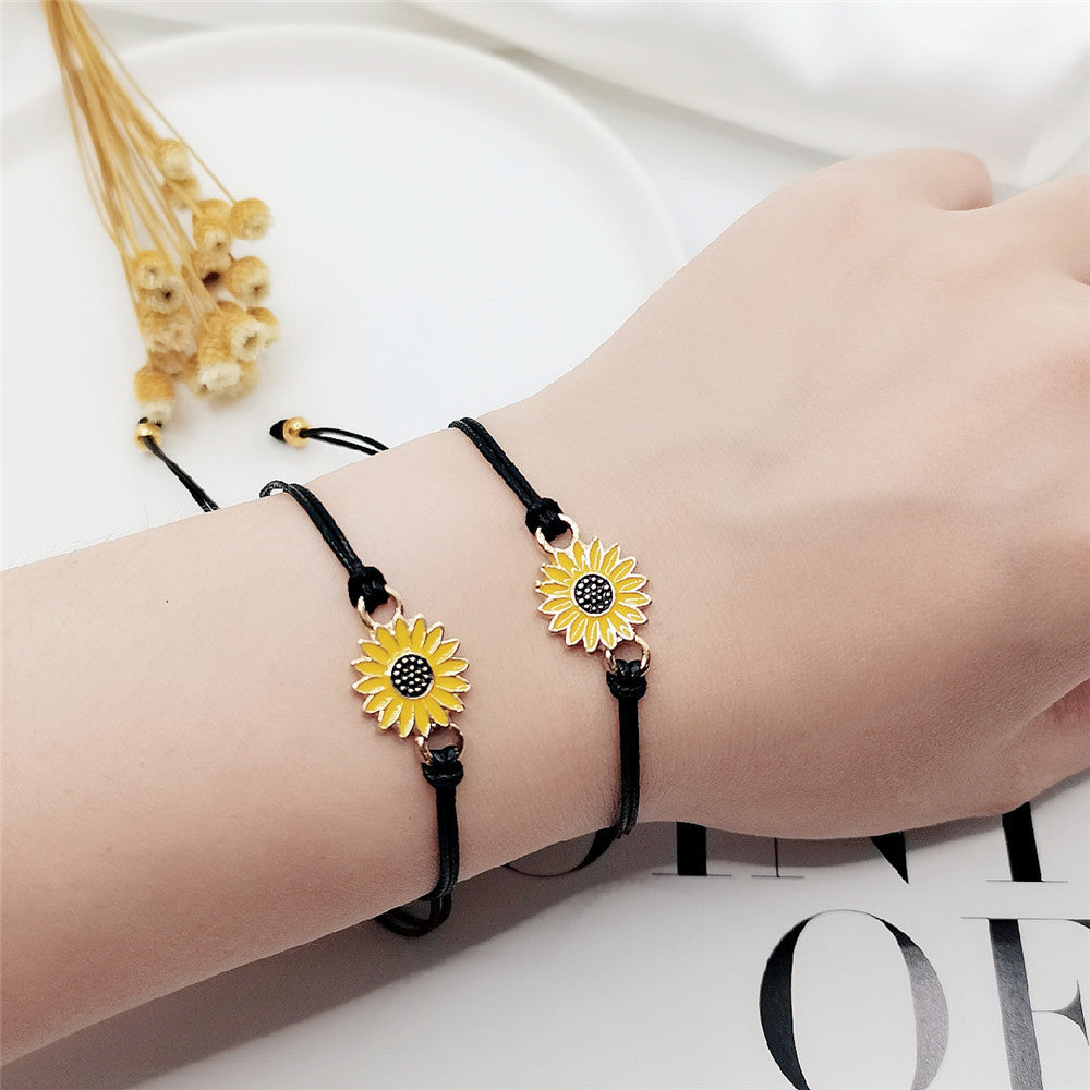 Sunflower Daisy Alloy Oil Drop Woven Friendship Bracelet for Women