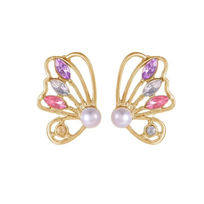 Sweet Butterfly Inlay Pearl Rhinestone Sterling Silver Earrings