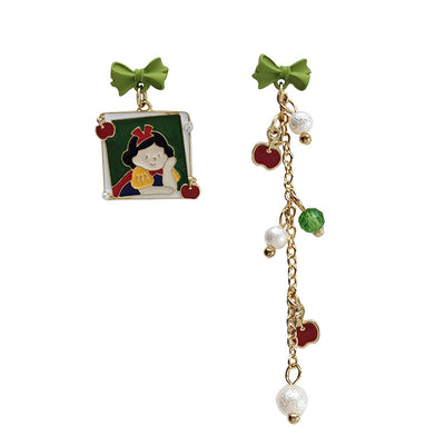 Sweet Cartoon Character Asymmetrical Drop Earrings with Bow Knot and Artificial Pearls, S925 Silver Needle