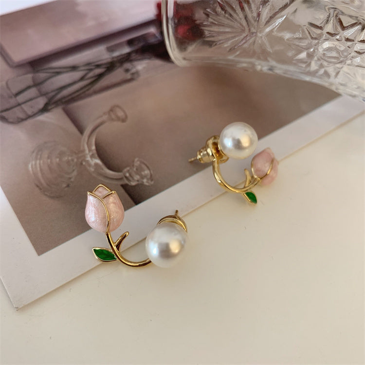 Sweet Tulip Flower Pearl Stud Earrings - Elegant Design with S925 Silver Needle