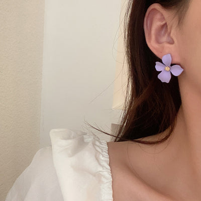 Sweet Camellia Purple Alloy Plated Ear Studs with 925 Silver Needle