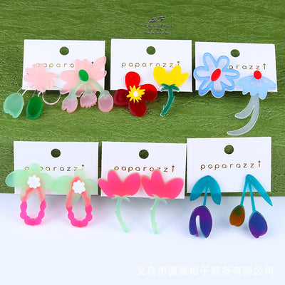 Sweet Floral Acrylic Asymmetrical Geometric Earrings