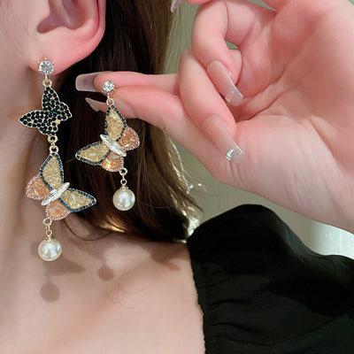 Sweet Crystal Butterfly Pearl Tassel Drop Earrings for Women