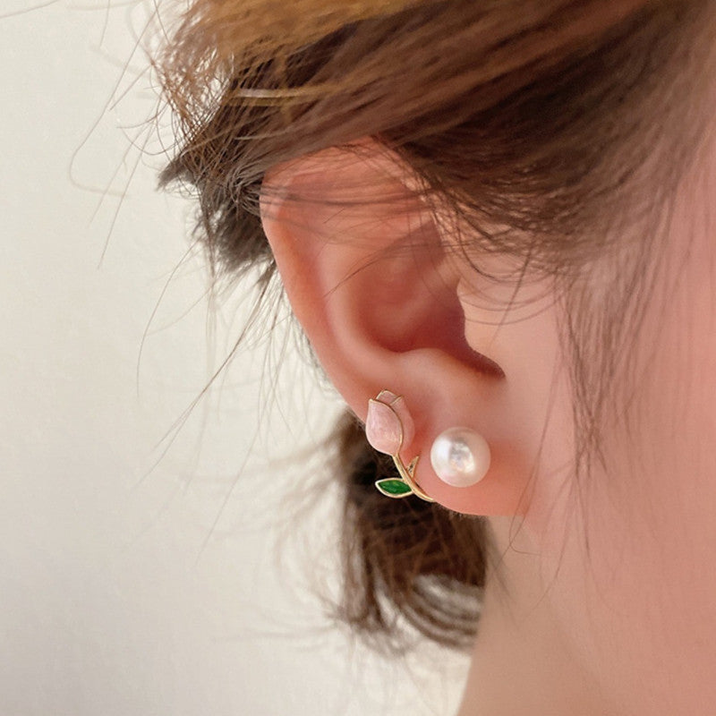 Sweet Tulip Pink Pearl Stud Earrings - Versatile and Chic Women's Jewelry