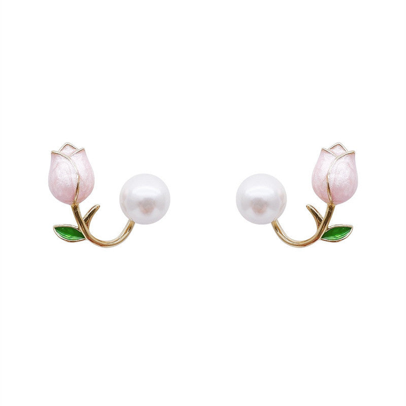 Sweet Tulip Pink Pearl Stud Earrings - Versatile and Chic Women's Jewelry