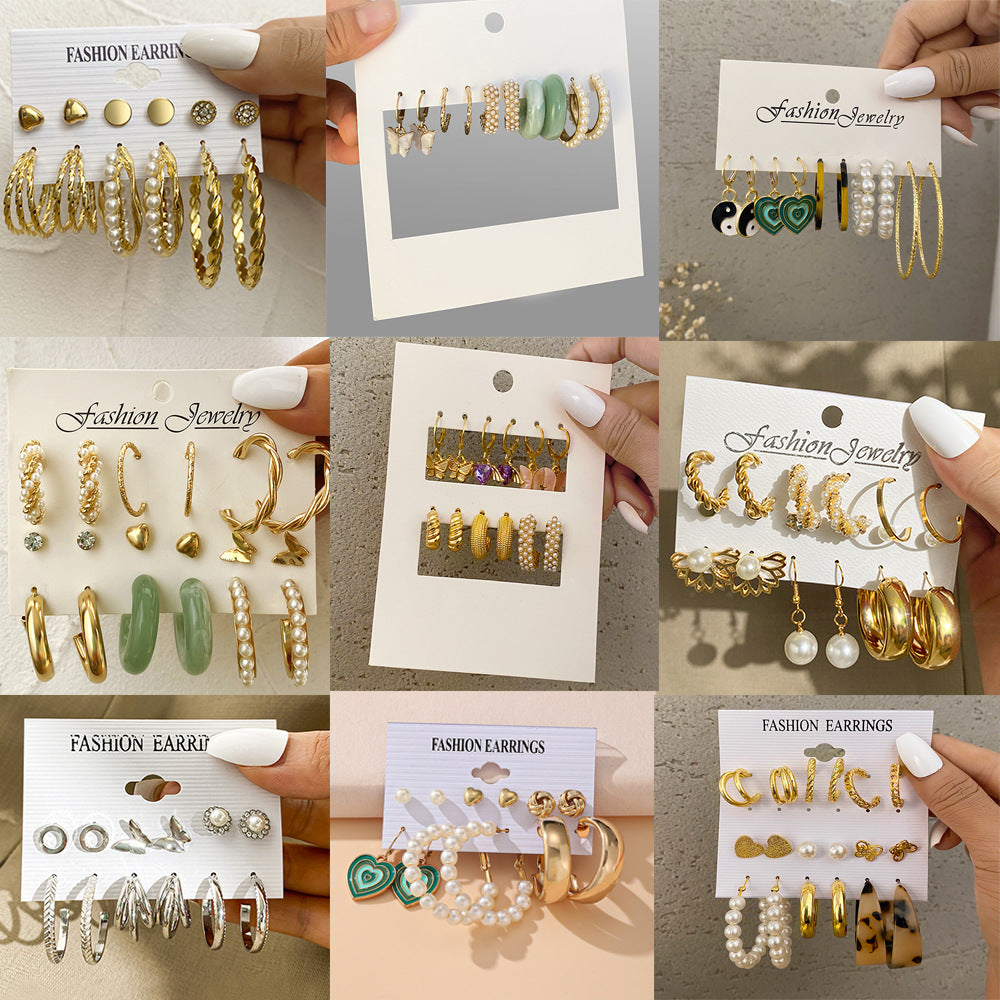 Geometric Heart & Checkerboard Pattern Earrings Set - 6 Pairs