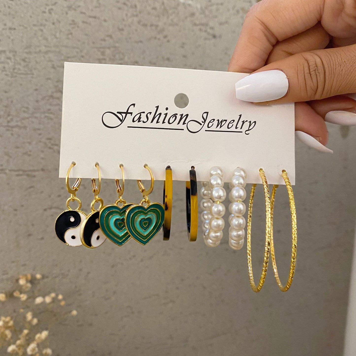 Geometric Heart & Checkerboard Pattern Earrings Set - 6 Pairs