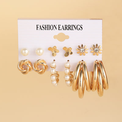 Geometric Heart & Checkerboard Pattern Earrings Set - 6 Pairs