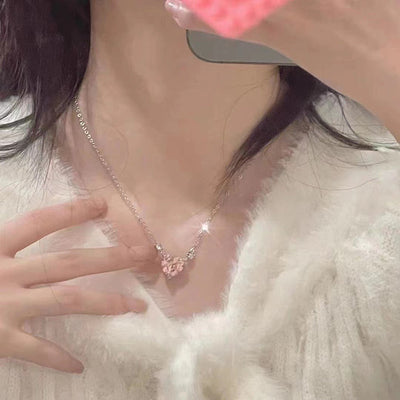 Sweet Heart Shaped Pink Rhinestone Pendant Necklace for Women