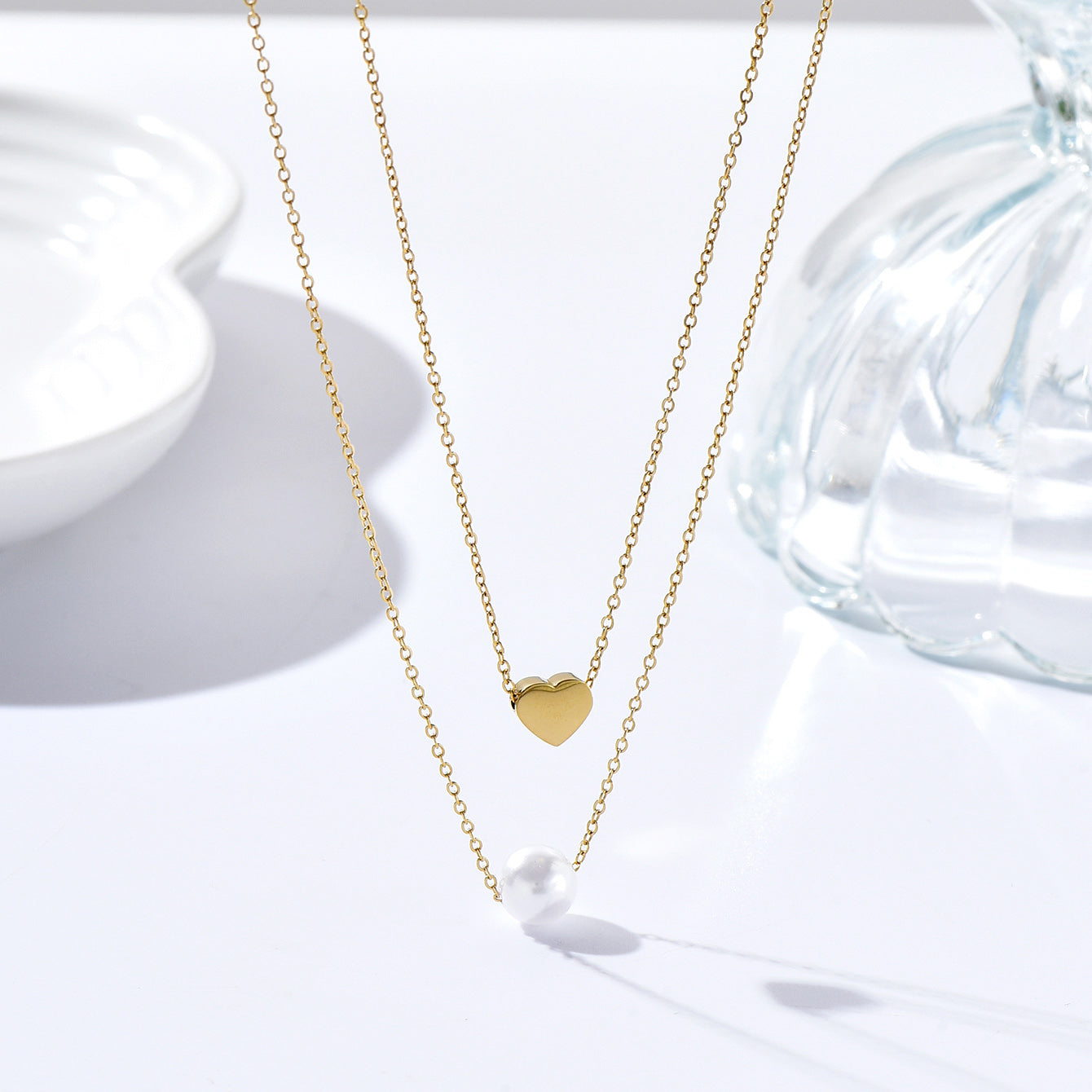 Sweet Heart Pearl Stainless Steel Layered Necklace for Women