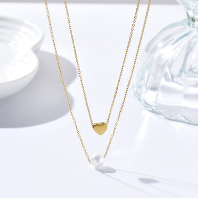 Sweet Heart Pearl Stainless Steel Layered Necklace for Women