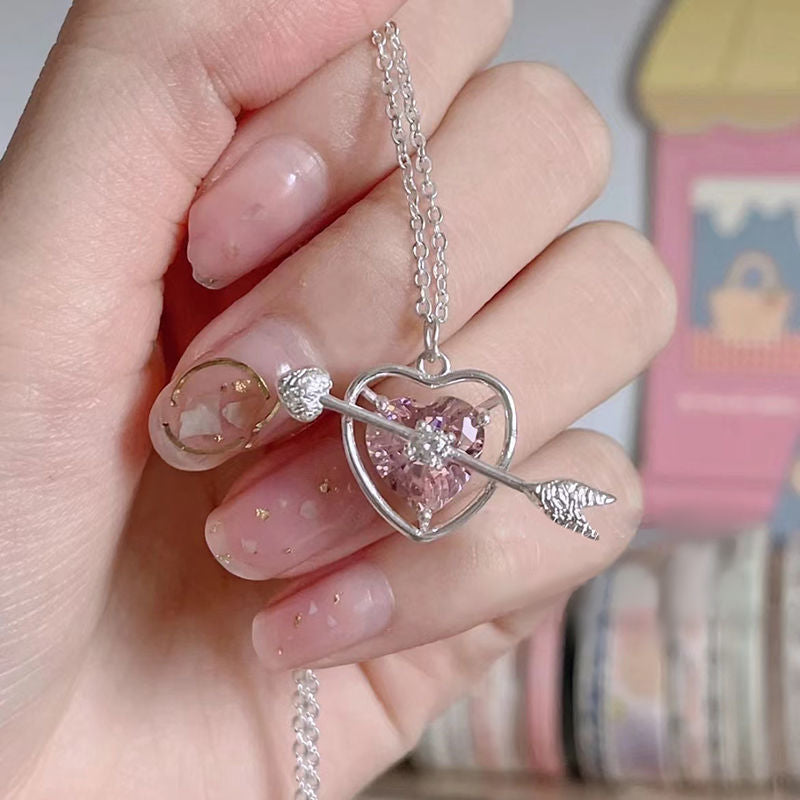 Sweet Heart Cupid Arrow Titanium Steel Pendant Necklace with Rhinestones