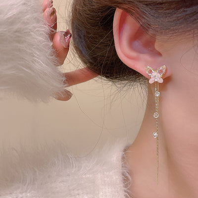 Sweet Korean Style Crystal Butterfly Tassel Drop Earrings for Women