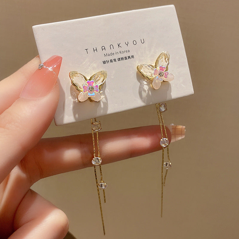 Sweet Korean Style Crystal Butterfly Tassel Drop Earrings for Women