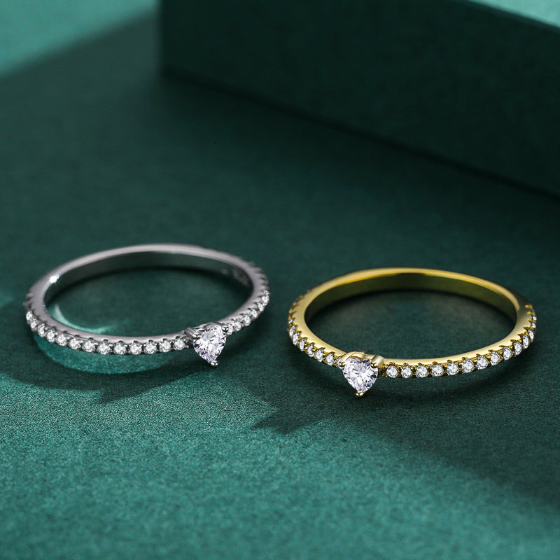 Sweet Heart Shape Sterling Silver Zircon Ring with 14K Gold and Rhodium Plating