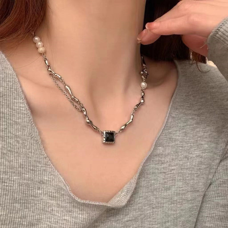 Sweet Star Baroque Pearl Black Zirconia Layered Pendant Necklace for Women