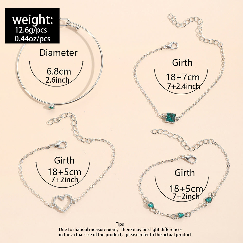 Sweet Streetwear Square Heart Gemstone Metal Bracelet Set - 4 Pieces